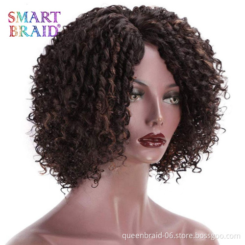 Wholesale Mixed Brown 14 Inch Shoulder Length Short Afro Curly Wig With Bangs Kinky Fluffy Synthetic Hair Wigs For Black Women